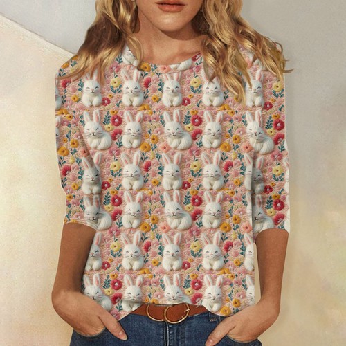 3/4 Sleeve Shirts For Women Cute Print Graphic Tees Blouses Casual Plus Size - Picture 13 of 36