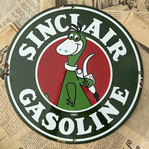 VINTAGE 1951 SINCLAIR GASOLINE DINO FUEL PUMP 12 INCH PORCELAIN ENAMEL SIGN