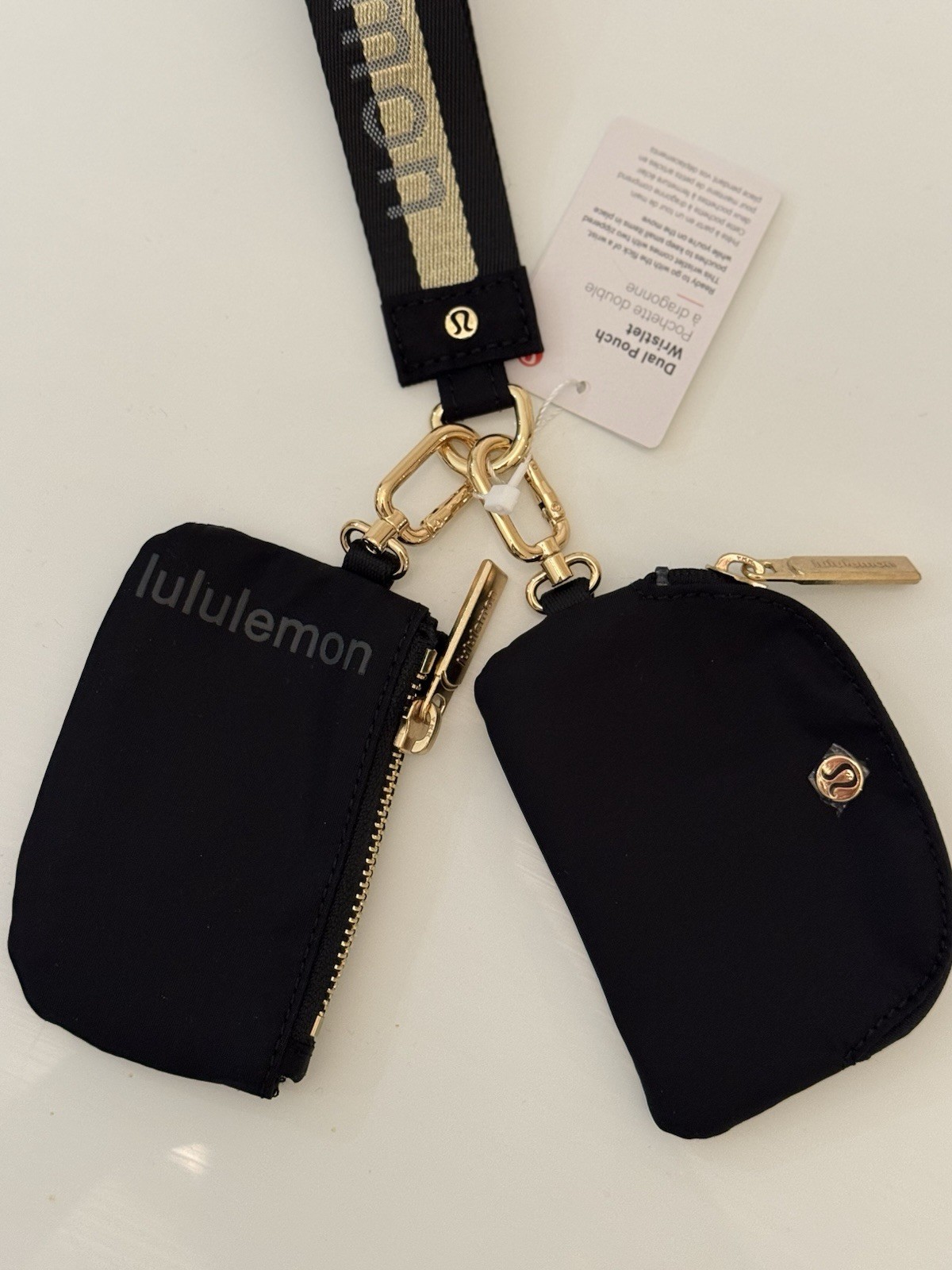Lulmon Black Gold Dual Pouch Wristlet Keychain Wallet Bag NWT Stylish