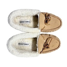 Minnetonka Cally Suede Faux Fur Lined Moccasin Slippers Tan Womens 7M 40572