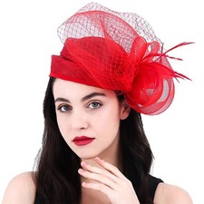 Woman Sinamay Fascinator Hat Pillbox Derby Hats Linen Feather with Veil Vinta...