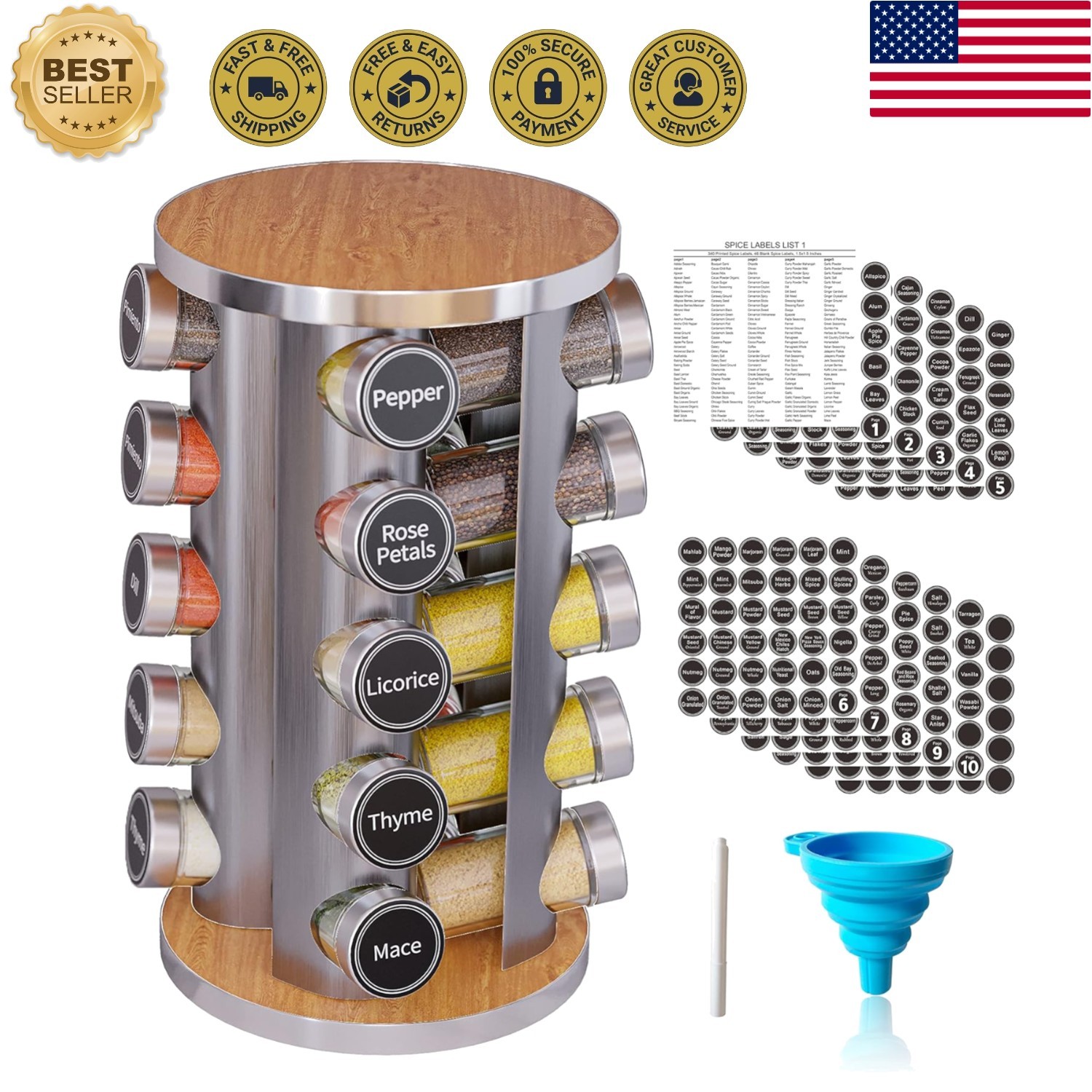 Revolving Kitchen Spice Organizer - 20 Jars, Labels & Stainless Steel Rack
