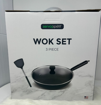 Servappétit Servappetit Wok Set 3 Piece Nonstick Pan Glass Lid Spatula NEW