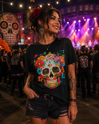 SHEIN Sugar Skull Floral Graphic Tee Women Small Black Day of the Dead Halloween
