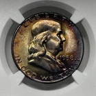 1958 Franklin Half Dollar NGC MS65 Most Incredible Toning Orange & Blue