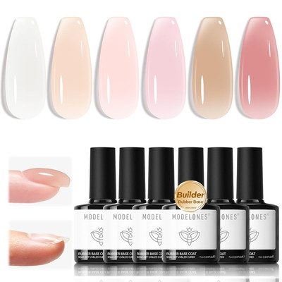 Rubber Base Builder Nail Gel Polish, 6 French Tip Base Color Nude White Baby Mil
