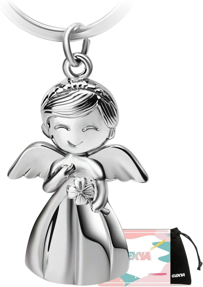 Schutzengel Schlüsselanhänger, Glücksbringer, Kleeblatt, Damen, Geschenk, Silber - Bild 3 von 4