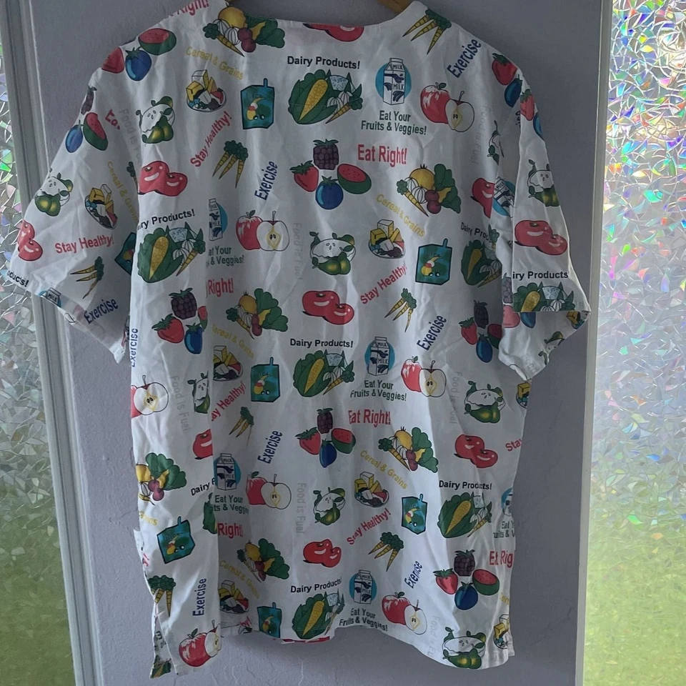 Vintage 'Eat Right' Fruits & Veggies Food Pyramid Scrub Top size xl - Image 3 of 3