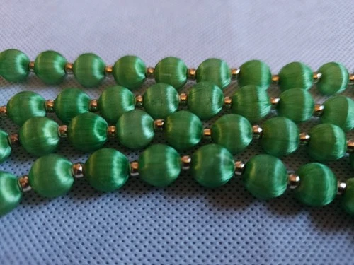 Vintage Green Satin Thread Bead Necklace – Long Strand Costume Jewelry