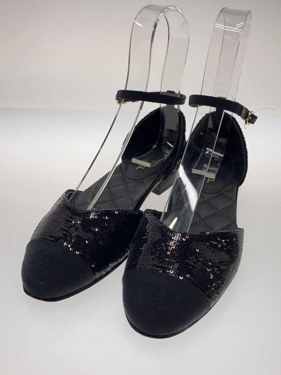 Authentic CHANEL Flat Sandal Mary Jane Sequins Ankle Strap EU 34.5 Black Used