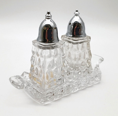Fostoria Salt & Pepper Shakers w/Tray ~ Mini American ~ Chrome Tops ~ Org Label