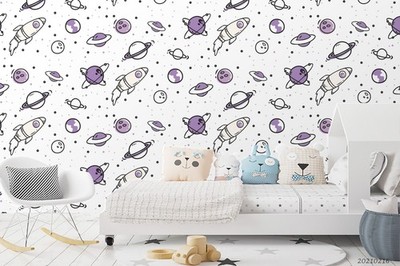 3D Planet Spaceship Pattern Kids Self-adhesive Removeable Wallpaper Wall Mural