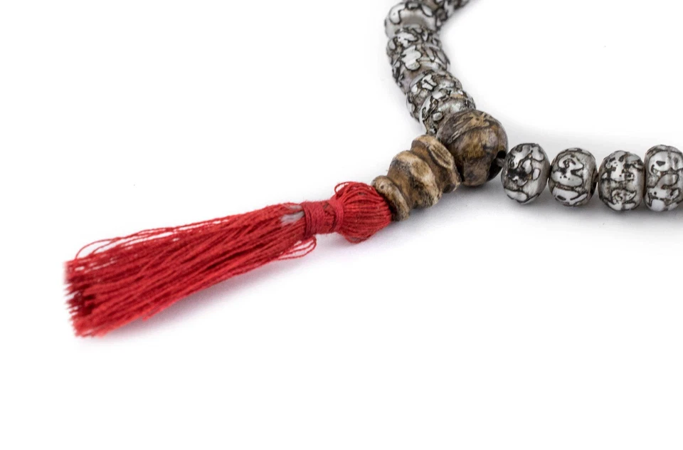 Carved Mother-of-Pearl Prayer Beads 8mm Nepal Silver Round Shell 23 Inch Strand - Image 4 of 4