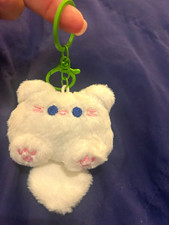 White Plush Cat Animal Keychain Charm w/ Green Key Ring, Pink Blue Accents