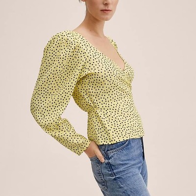 Mango Bluse Oberteil Wickeloptik vorne klein gelb & schwarz gepunktet Langarm