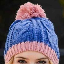 Blue and Pink Two Tone Pom Pom Cable Knit Beanie