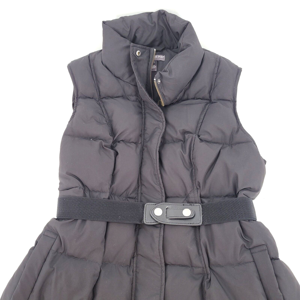 A Pea In the Pod Belted Puffer Vest Black Soft Knit Back Zip Large