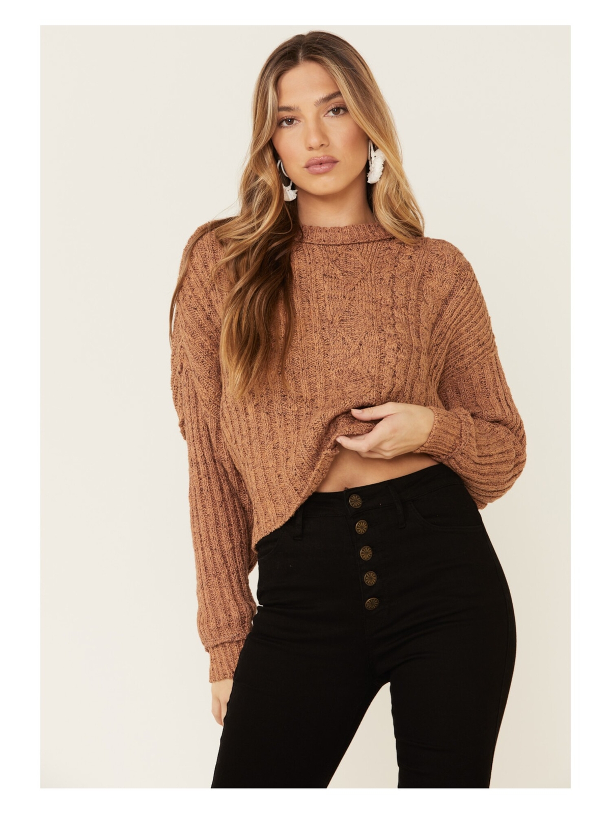 Женский коричневый свитер FREE PEOPLE с круглым вырезом и длинными рукавами L
