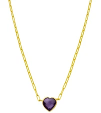 14k Solid Yellow Gold 18" Amethyst  Heart Gemstone Paperclip Chain Necklace 8.5m