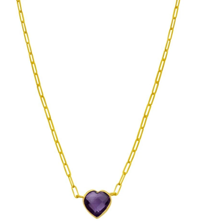 14k Solid Yellow Gold 18" Amethyst Heart Gemstone Paperclip Chain Necklace 8.5m