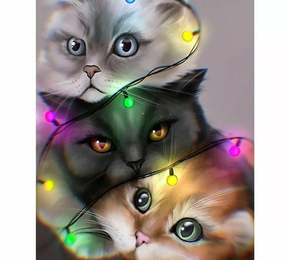 Diamond Painting Three Cats And Cute Christmas Lights Design Embroidery  Displays