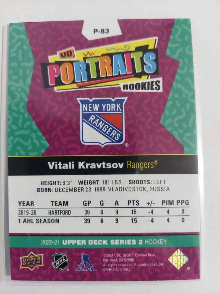 2020-21 Upper Deck Series 2 Vitali Kravtsov PORTRAITS ROOKIES RED SP #P-83 Rare - Image 2 of 2