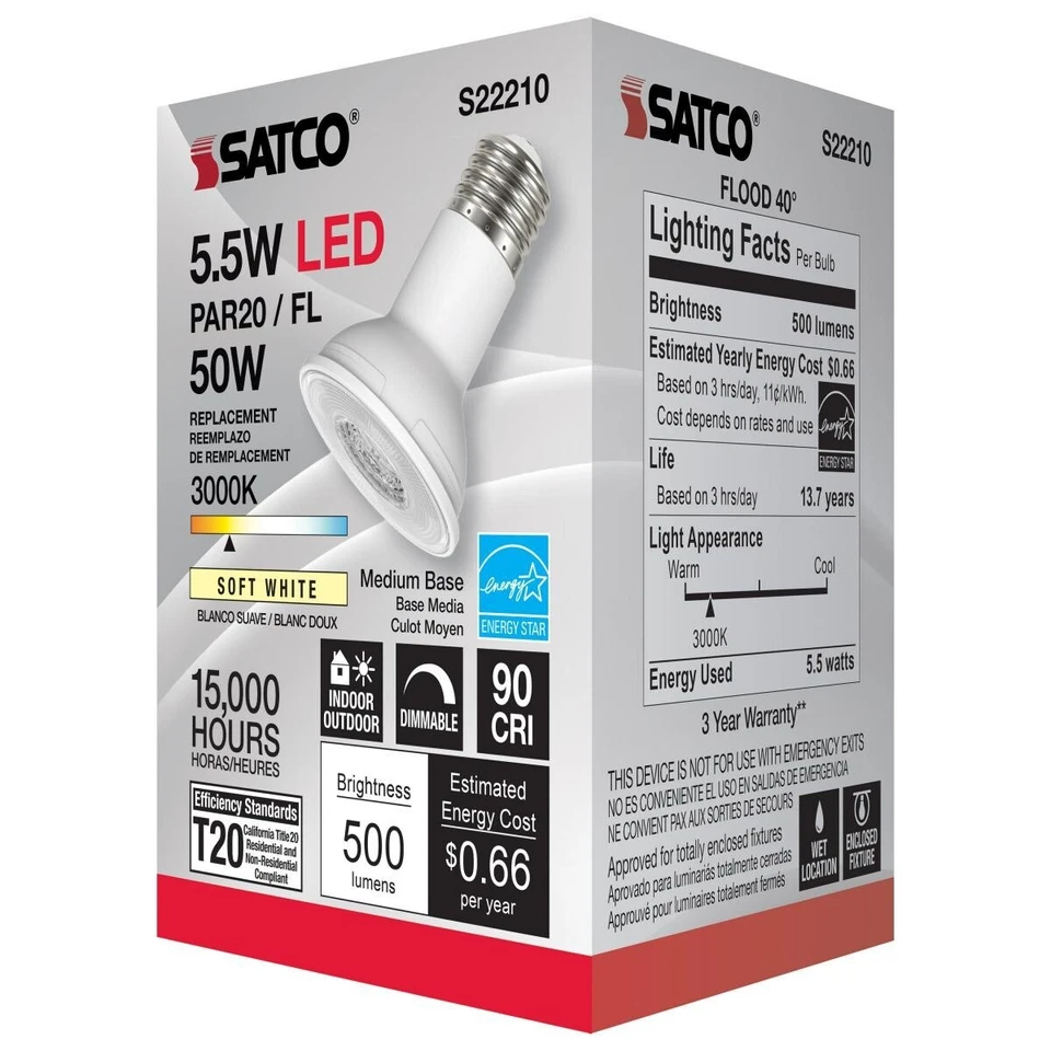 SATCO S22210 - 5.5 Watt PAR20 LED Bulbs - 3000K - 120 Volts (6 Pack) - Image 4 of 4