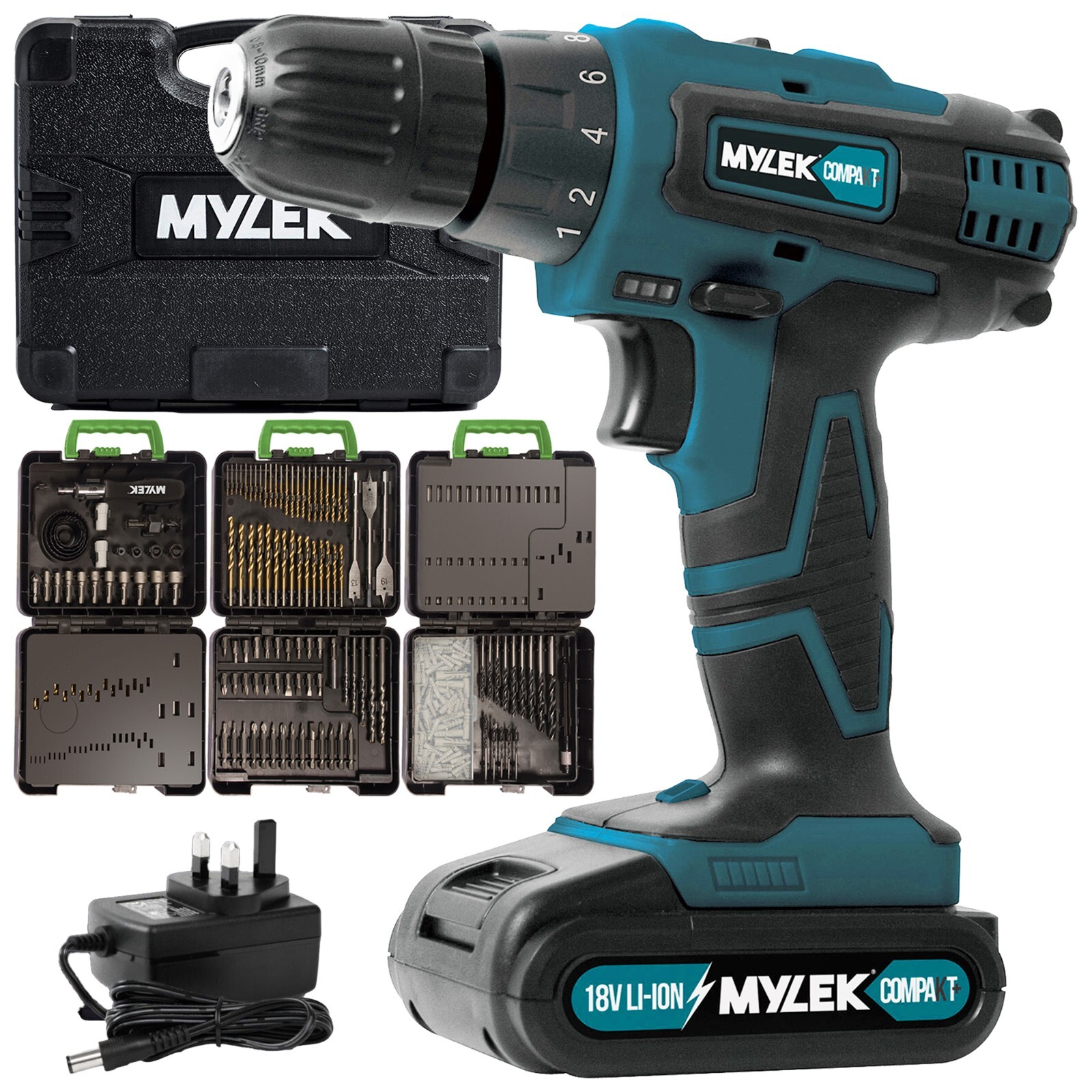 Mylek Cordless Drill 18V Driver Screwdriver DIY 204 Piece Drill Bit Kit Set