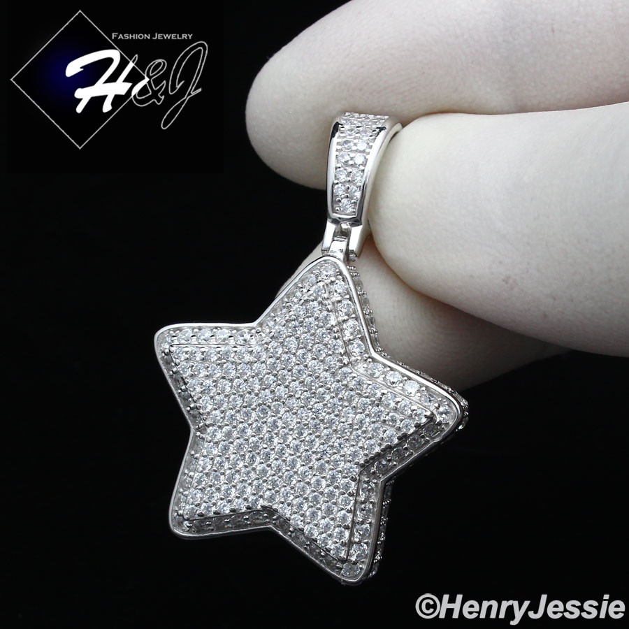 MEN WOMEN SOLID 925 STERLING SILVER ICY BLING CZ 3D STAR