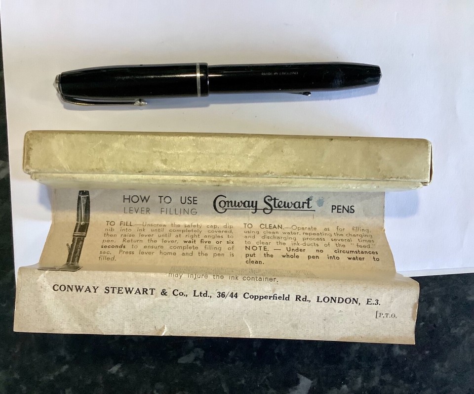Vtg Conway Stewart 75 Black Lever Fill Gold Nib Fountain Pen Box