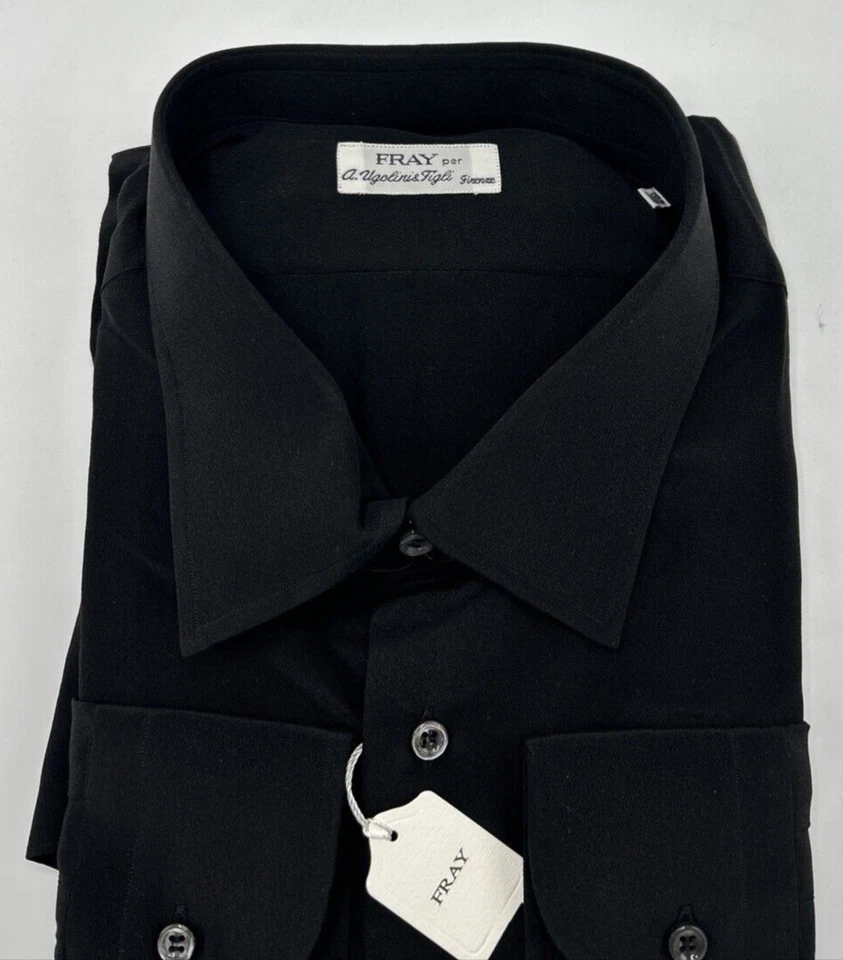 Camisa de vestir de lujo A Ugolini & Figli Fray talla 18,5/46 negra 100 % seda Italia nueva con etiquetas Foto 3 de 4