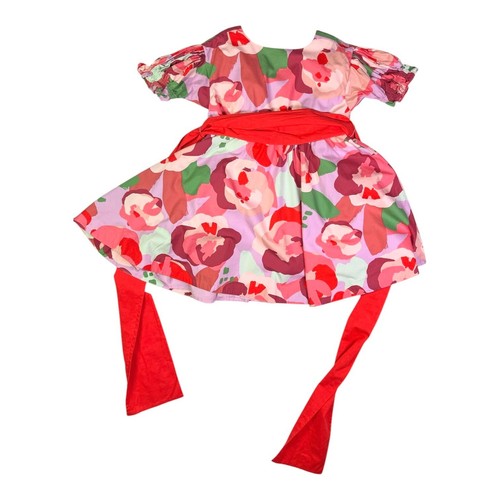 Tea Girl's Size 6 Short Sleeve Floral Dress Sash Tie Cotton Pink Red - Picture 2 of 12