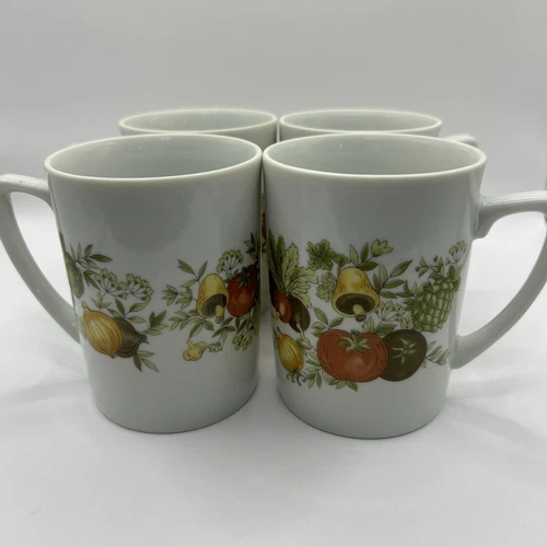 VTG Corning Ware Coffee Mugs Spice Of Life Set of 4 Cups White Mushrooms Veggies