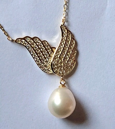925 Silberkette - Engelsflügel mit Perle und Zirkonia ,14Karat gelb Vergoldung. - Bild 5 von 6
