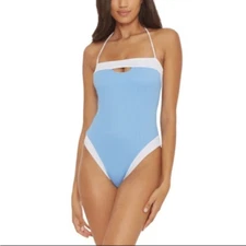 Soluna Swim Blue White Halter Cut Out One Piece Swimsuit Size Small