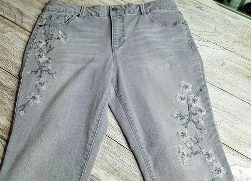 gray jeans with pink flowers