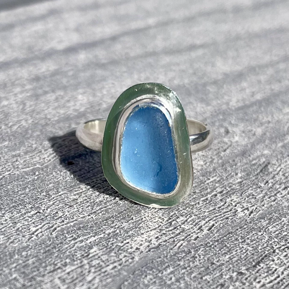 Anillo de plata esterlina de vidrio marino caribeño genuino azul raro talla 7 Foto 4 de 4