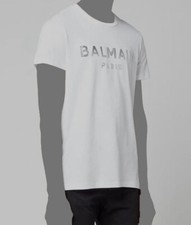$495 Balmain Mens White Metallic Logo Short-Sleeve Tee Crew-Neck T-Shirt Size S