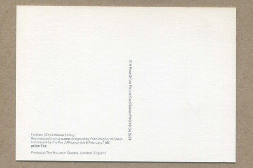 Folklore, San Valentín, por artista, Fritz Wegner 1981 Reino Unido correo real, postal - Imagen 2 de 2