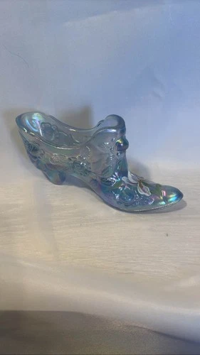 Fenton Blue Iridescent Art Glass Slipper Shoe Hand Painted Floral