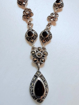 Vintage Black Onyx and Marcasite Sterling Silver Necklace