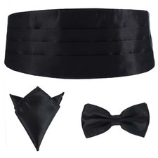 Black Satin Cummerbund and Bow Tie Set with Pocket Square for Formal Tuxedo