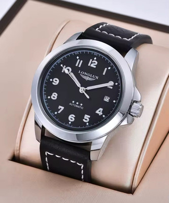 LONGLUX Men's Automatic Watch Date Black Dial 43mm Black Leather Strap