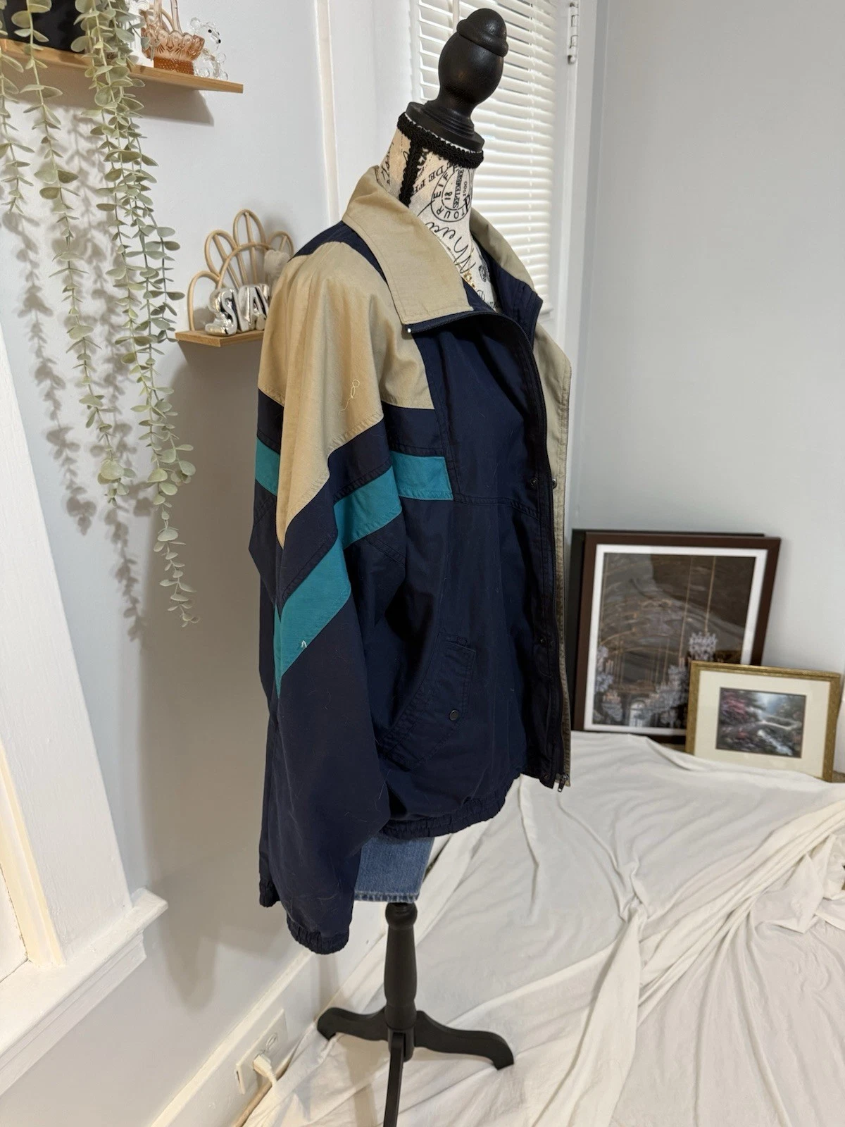Bill Blass Men's Colorblock Windbreaker Jacket Full Zip Navy Beige Teal L - product detail image 2