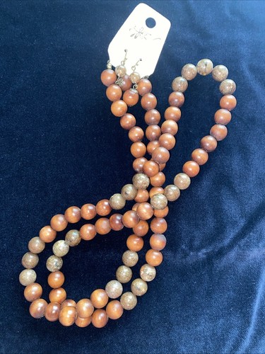 NOS Set Collana e Orecchini Lunghi Marrone Legno e Pietra Naturale Perline 38 Pollici Boho - Foto 6 di 8