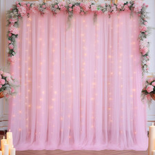 10X10Ft Pink Tulle Backdrop Curtain with Lights String for Parites, Sheer Backdr