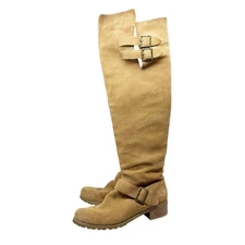 Sole Society Size 10 Tan Suede Leather Over the Knee Lug Sole Boot Side Zip