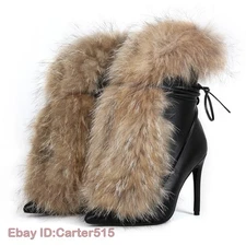 Women 100% Real Fur Thin High Heels Short Shoes Point Toe Lace Up Ankle Boots