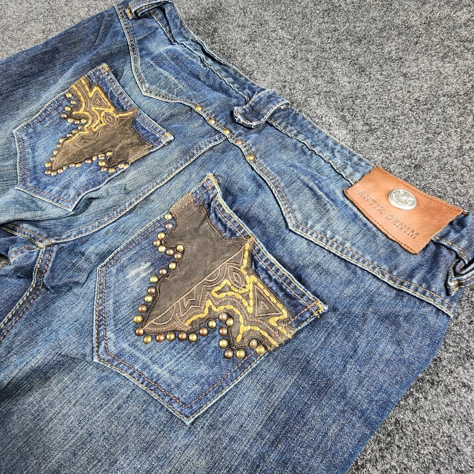 Antik Denim Jeans Men Size 42x32 Leather Patches Embroidered Pockets Western - Image 2 of 4
