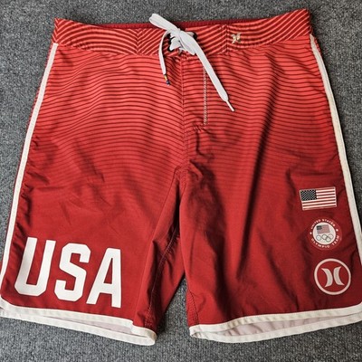 Hurley USA Olympic Team Boardshorts Size 33 Red Patriotic Phantom Surf Swim 